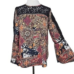 CUPIO  Paisley Print Lace Accent Bell Sleeve Blouse Small S